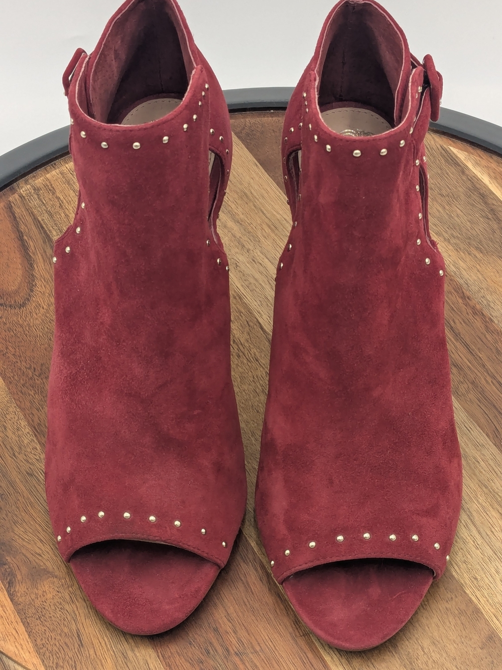 Vince Camuto Burgundy Suede Studded Peep Toe Ankle Booties Size 8.5